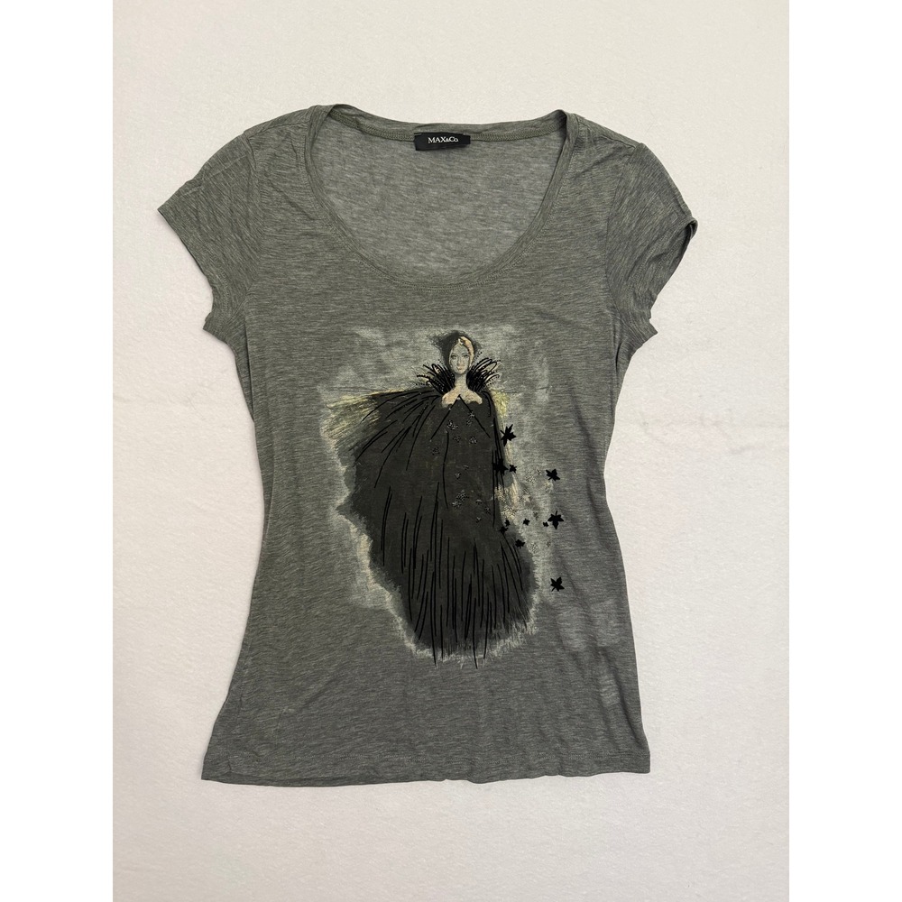 Max & Co Grey Graphic T-Shirt Rhinestone Velvet Leaf Art Tee Womens Medium